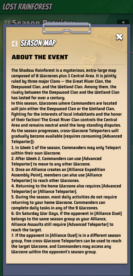 Season 6 Lost Rainforest -   Day 1 -  Season Map Rules