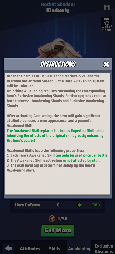 Kimberly's hero page Awakening instructions